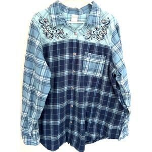 VTG Blair Shirt Womens 2XL Blue Plaid Embroidered Western Button Up Long Sleeve